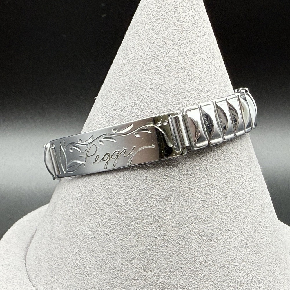 Vintage Japan Expansion ID Bracelet Engraved Peggy Silver Tone Floral Stretch